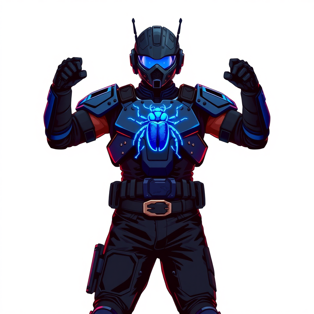 A 28-year-old cyberpunk vigilante stands heroically, clad in hi-tech, maximum blue tactical armor featuring a neon blue beetle on the chest. He wears black biker pants, a black belt with a sapphire beetle buckle, and a helmet resembling a sleek, tactical design, but colored maximum blue with neon blue lenses. Their hands are protected by black hi-tech gloves, all set against a solid white background. He is drawn as if he was in a retro 2D cyberpunk fighting game.