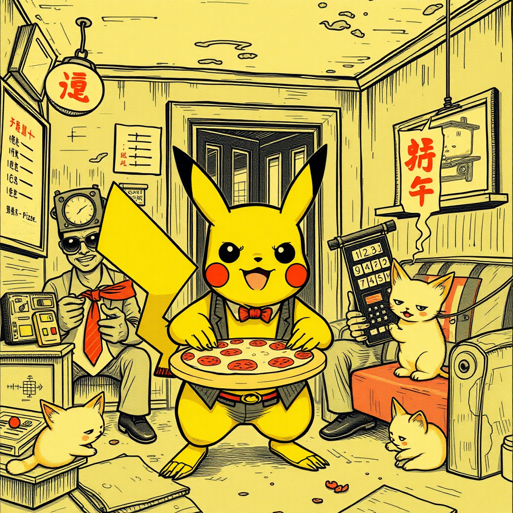 A well dressed handsome Pikachu demon delivering pizza to angry used car salesmen kittens in a decayed apartment, Chinese woodcut,