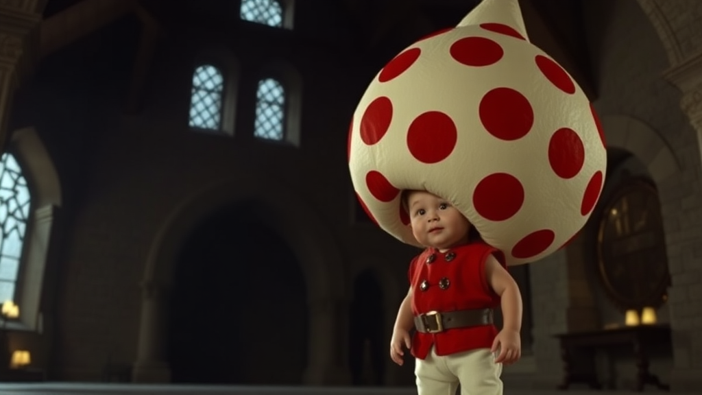 Interior. Dimly lit castle. 1980s movie. A human little person dwarf with white pants, red vest, and very large spherical hat that is white with large red spots.