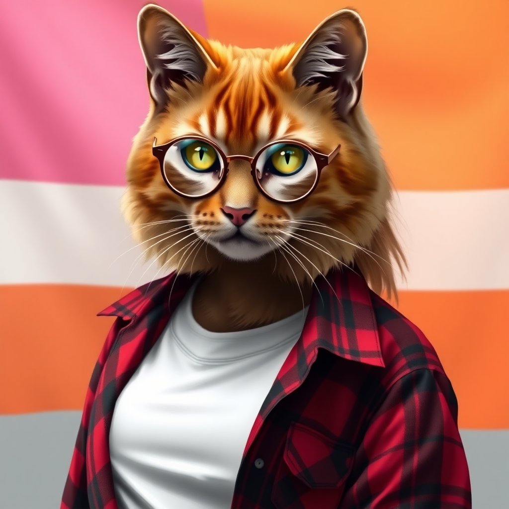 female cat-man with chestnut color, behind, a flag with horizontal colors pink/light pink/white/light orange/orange, colors in that order, wearing semi-round glasses, an open red and black plaid shirt over a white t-shirt, in digital art