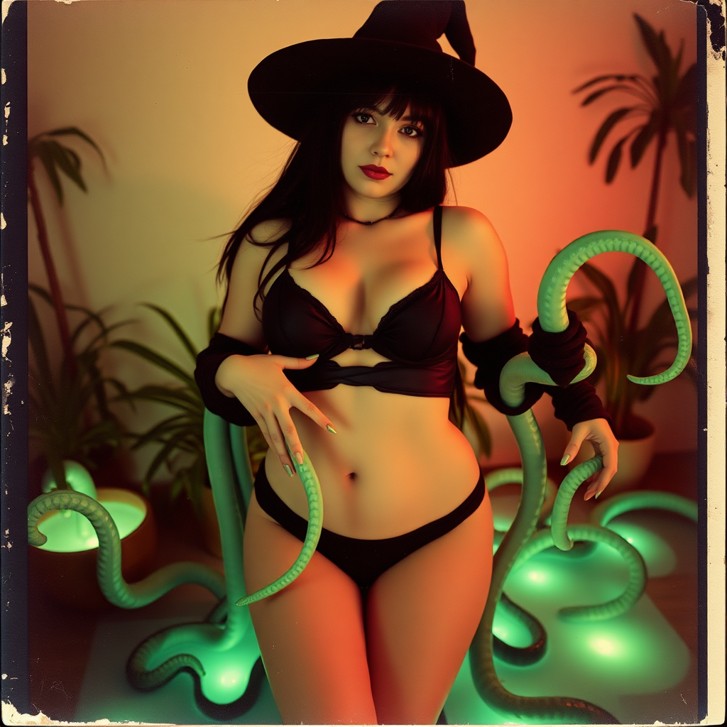 An old polaroid photo with a color tint to the photograph and visible light leaks. The photo depicts a sexy alt goth girl with pale skin and black hair. She has a plump booty. She has large breasts with ample cleavage and she is wearing a skimpy thong. The fabric of her thong is skimpy and black and barely covers her and her bra is translucent and black. She is in a photography studio with artistic lighting and plants are all around her. She is wearing a witch hat. She is restrained and surrounded by glowing translucent green tentacles coming out of magic bright glowing pools of water on the floor, wrapped around her arms and legs.