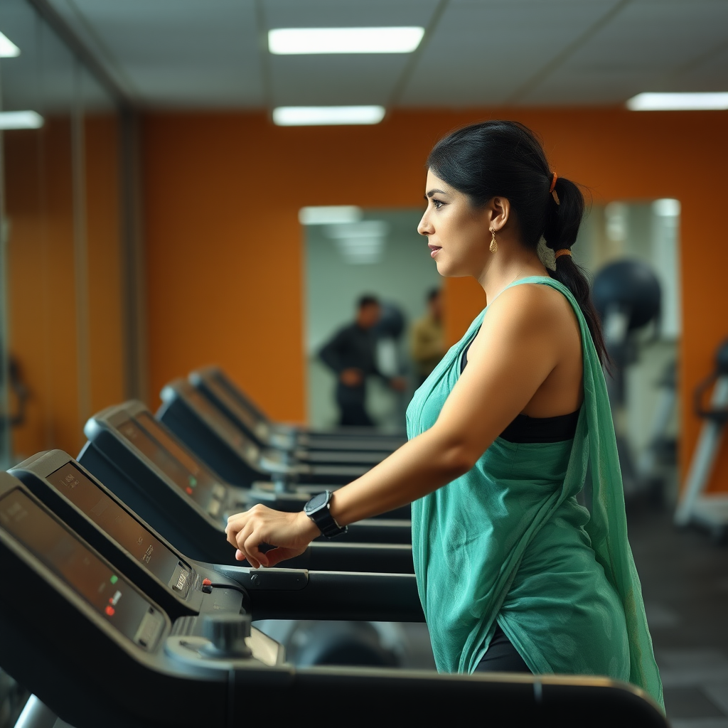 Indian wife, working out on Treadmill in gym