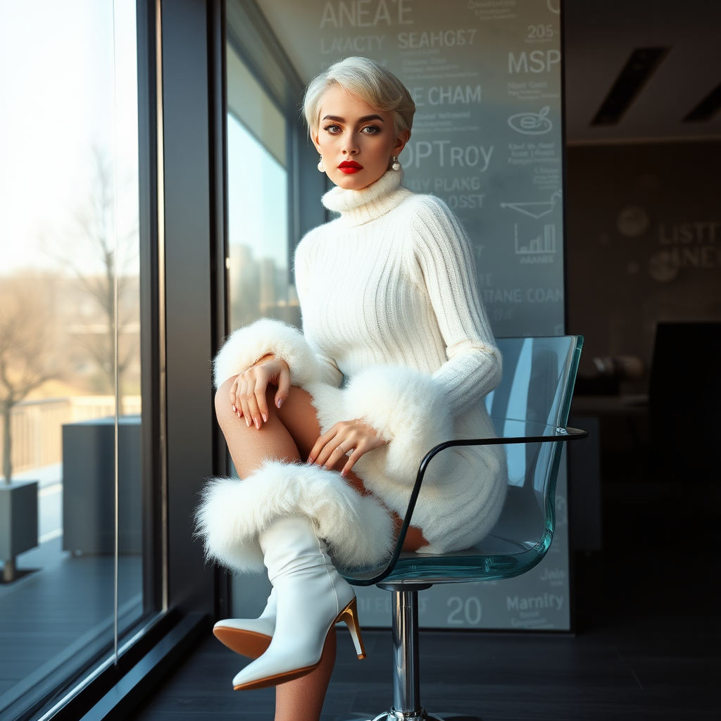 Sunny spring morning, modern glass-steel-concrete office, sitting on glass chair at wall, waiting for the master: Ana, European 17 years old very convincing femboy “trophy-bimbo”, tamed servile docile, very beautiful feminine flawless face, rather short boyish figure, platinum blond short tight curls, bold red lips, heavily made-up face, long French nails, wearing Supertanya-style chunky fluffy very fuzzy bright white plushy mohair figure-hugging turtleneck-knitdress with wide tight fluffy hem and fluffy wrists, white vinyl anklet-boots with golden heels, mesh pantyhose, pearl earrings, serious, leaning forward presenting her assets, arrogantly looking at camera.