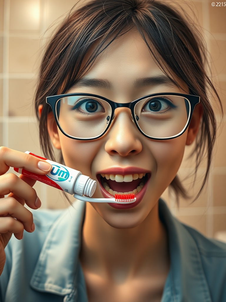 detailed, perfect proportion, high realism, real casual photo, japanese nerdy skinny woman with big nose, big mouth, big yellowish teeth, moles, big eyeglasses and medium hair, retarded, she is putting a toothpaste called "CUM" on her toothbrush