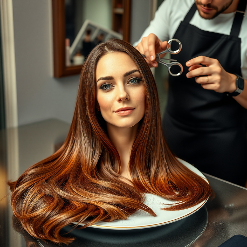 In a bizarre, surreal tableau, the polished surface of an elegant dining plate cradles the disembodied head of a strikingly beautiful Kate Middleton, her long, flowing hair cascading like a glossy waterfall of deep chestnut and honey highlights. The hair is luxuriously arranged, strands shimmering under the soft, ambient light that bathes the scene in an ethereal glow.

A skilled hairdresser, clad in a sleek black apron, stands poised with a pair of gleaming scissors, carefully trimming the endlessly luxurious locks that frame Kate's serene, almost ethereal features. The air is thick with the scent of salon products mingling with delicate hints of floral fragrances, creating an unusual yet strangely inviting atmosphere. The hairdresser's focused expression reveals a meticulous dedication as snippets of hair fall gracefully onto the pristine plate, echoing a sense of both artistry and absurdity.

The overall emotional tone conveys a dreamlike quality, inviting viewers to ponder the juxtaposition of beauty, identity, and the bizarre circumstances that bind them in this extraordinary moment.