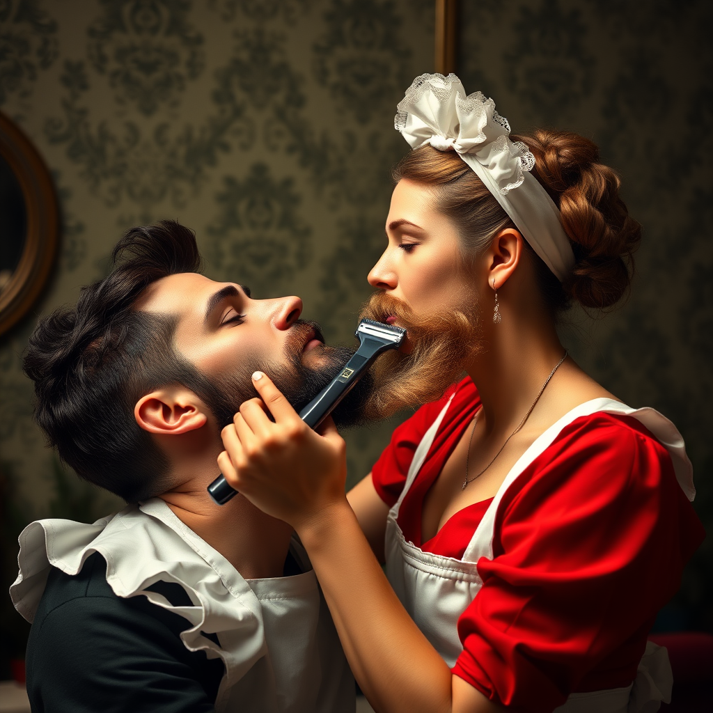 female french maid, shaving a man's beard