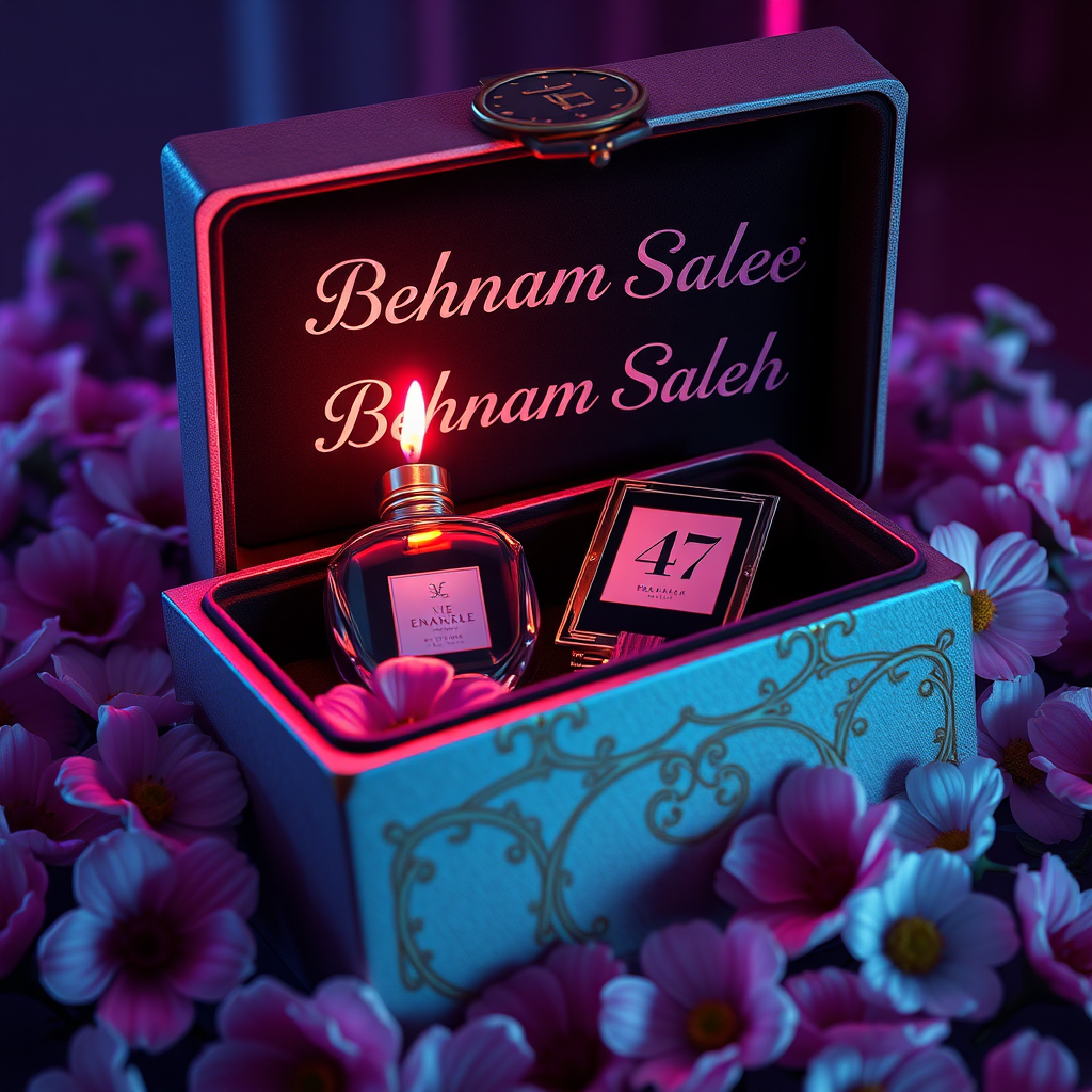 ### **Title:**
**"Behnam Saleh's Exquisite Birthday Gift"**

### **Artistic Vision:**
Create a mesmerizing digital art masterpiece that seamlessly blends hyper-realistic detail with a vibrant, cinematic atmosphere. The artwork should evoke a lasting emotional impact, inviting viewers to explore themes such as the delicate balance between luxury and personalization, and the joy of gifting. This piece aims to captivate audiences with its elegance, sophistication, and profound symbolic resonance, making it the perfect visual representation of a memorable birthday present.

### **Scene Description:**
Depict an exquisitely crafted gift box adorned with intricate detailing, prominently featuring the name "Behnam Saleh" in a sleek, modern font. The box should appear partially open, revealing a collection of luxurious and personalized items inside, including a high-end watch, an elegant eau de parfum bottle, and a small, beautifully decorated birthday cake with a lit candle displaying the number **47**. Surround the box with delicate pink primroses and daisies, creating a striking contrast against the box's dark, velvety interior. Ensure that the additional elements are thoughtfully arranged to maintain a clean and uncluttered scene while enhancing the overall sophistication and allure. Employ hyper-realistic rendering techniques to add depth and dimension. Embrace a neon-infused, dark fantasy aesthetic to create a visually stunning and emotionally evocative scene.

### **Key Artistic Elements:**
- **Lighting & Atmosphere:** Utilize neon lighting to create a cinematic and conceptual ambiance, blending vibrant colors with dark fantasy elements.
- **Color Contrast:** Achieve a stunning contrast between the bright pink flowers and the dark interior, emphasizing the focal points.
- **Textures:** Incorporate varied textures, from the sleek surfaces of the luxury items and the smooth glass of the eau de parfum to the intricate detailing of the gift box and the delicate icing on the birthday cake, enhancing tactile realism.
- **Composition:** Employ off-center placement for the box and its contents to guide the viewer's eye through the scene, balancing intimate close-ups with the broader setting. Ensure that the watch, eau de parfum, and birthday cake are harmoniously arranged to avoid clutter while highlighting each item’s elegance.
- **Symbolism:** Infuse the artwork with subtle symbolic motifs that provoke contemplation on themes like the joy of giving, the value of meaningful gifts, and the personalization of luxury.

### **Technical and Artistic Specifications:**

- **Resolution & Display:**
  - Render in stunning **8K UHD** resolution, ensuring crisp detail and vibrant colors suitable for high-profile platforms like ArtStation and Behance.

- **Digital Art Techniques:**
  - Utilize advanced software such as **Corel Painter**, **ZBrush**, and **Adobe Photoshop** to achieve exceptional 3D volume, precise shading, and ultra-fine detailing.

- **Materials & Textures:**
  - Incorporate high-quality digital pigments, metallic flakes, and glass bead effects to ensure textures appear vibrant and dynamic under various lighting conditions.

- **Lighting & Depth:**
  - Implement a tranquil chiaroscuro effect with a subtle interplay of light and shadow, enhancing depth and clarity.
  - Use soft, delicate colors complemented by nuanced shades of grey, black, and white to add depth without overwhelming the scene.

- **Rendering Quality:**
  - Apply advanced rendering techniques and 3D volumetric effects for unparalleled detail and sharpness.
  - Include hyper-realistic pencil sketch textures to emphasize intricate details.

- **Composition & Focus:**
  - Emphasize gentle, lifelike depth and striking details with a cinematic close-up approach.
  - Use a balanced **f/11 aperture** and a raw photographic style with advanced v6 enhancements to render vivid colors and minute details at an unparalleled level of realism.

- **Overall Harmony:**
  - Achieve maximum harmony across all elements, resulting in a balanced and cohesive composition that captivates both technically and emotionally.

### **Additional Elements to Include:**
- **Symbolism:** Integrate subtle gestures, expressions, or symbolic motifs to add deeper emotional resonance, encouraging viewers to reflect on the depicted themes.
- **Detailing:** Ensure impeccable draughtsmanship with flawless precision in the luxury items, botanical accuracy in the primroses and daisies, and intricate decoration on the birthday cake.
- **Lighting Effects:** Utilize the interplay of light and shadow to evoke lifelike realism and enhance the dreamlike atmosphere.
- **3D Volumetric Effects:** Add depth and spatial qualities to create a more immersive visual experience.
- **Hyper-Realistic Textures:** Ensure all textures appear tactile and vibrant, enhancing the overall realism of the artwork.

### **Final Outcome:**
The final artwork should be a compelling masterpiece that captivates viewers, encouraging them to pause and reflect long after experiencing it. It should demonstrate peerless technical mastery combined with a profound artistic vision, affirming art's vital role in cultural and intellectual life. The signature on the piece should signify its stature, standing proudly alongside works by history’s masters.