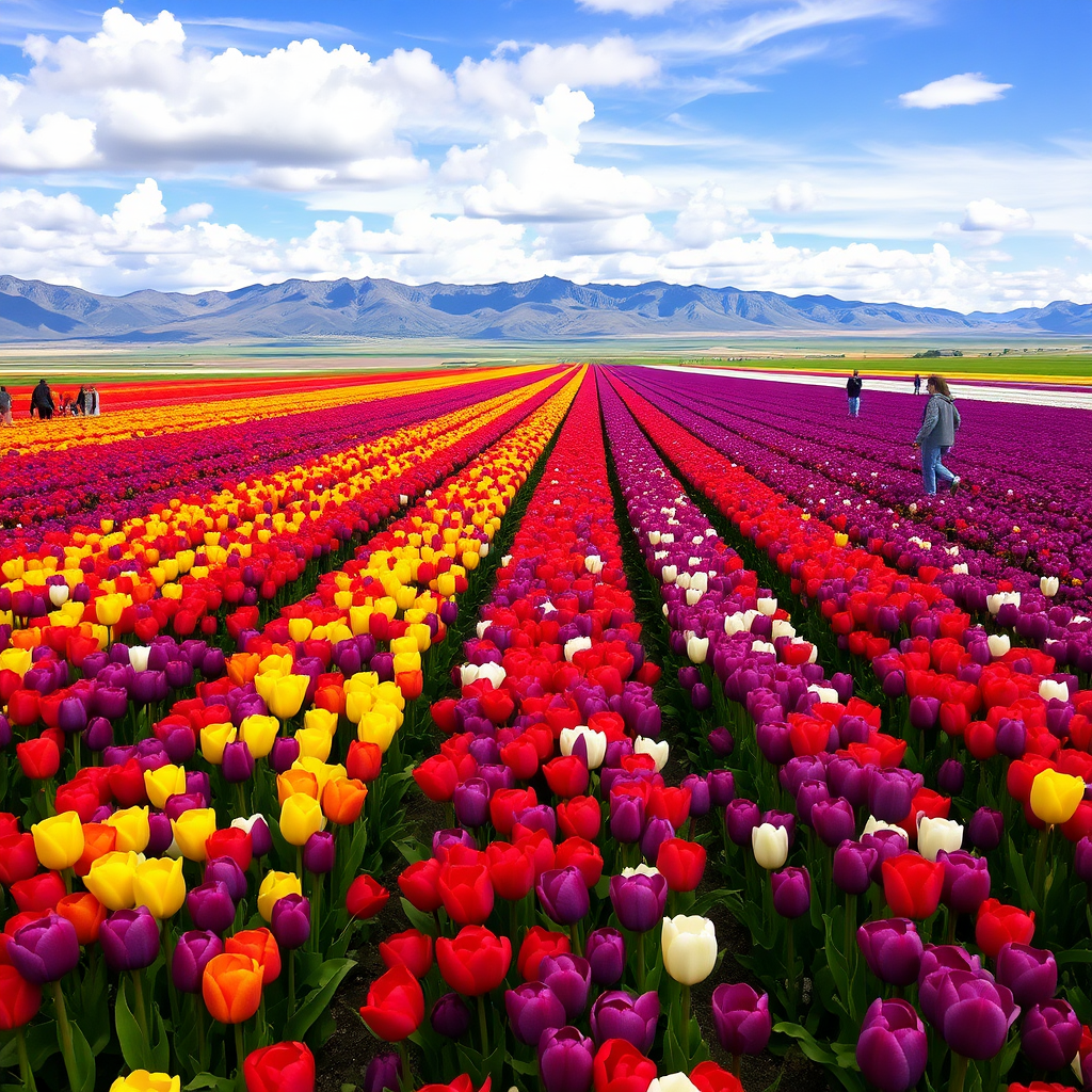 large and very long stretches of colored tulips in solid purple, yellow, red, and white, with mountains in the background and a sky with clouds and many people present.