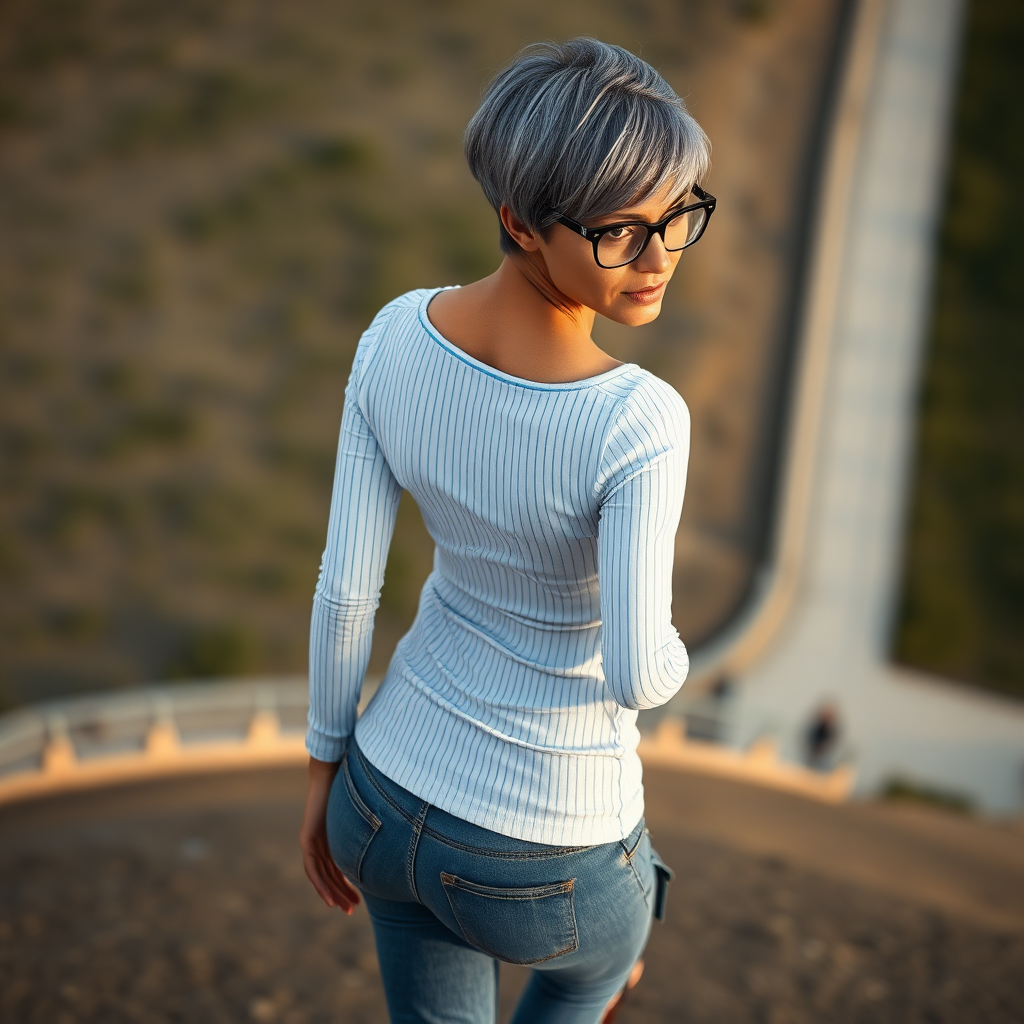 sexy Woman, 35 Years old, European, Latina, sharp aquiline nose, wrinkles, high cheekbones, Middle Eastern, Skinny, Tanned skin, Dark light skin, Makeup, Serious face, frowning, smirking, Ash dark grey hair, bowl haircut, Slicked short hair, Short hair, black eye color, Glasses, detailed features, tight white and blue striped shirt, tight jeans, long legs, high heels sandals, White hair, walking up a slope, full body, long establishing shot, back view