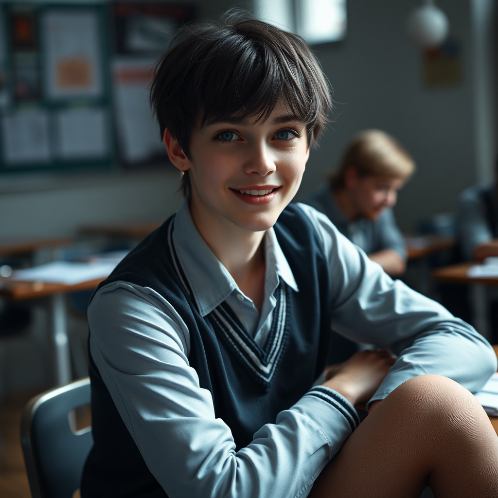 photorealistic, ultra high resolution, 16K, surreal fantasy, soft studio lighting, a pretty 17 year old goth male, slim male physique, short dark hair, blue eyes, goth makeup, earrings, sheer pantyhose, UK girls-school uniform, Mary-Jane shoes, sitting in the classroom, excited smile, facing the camera.