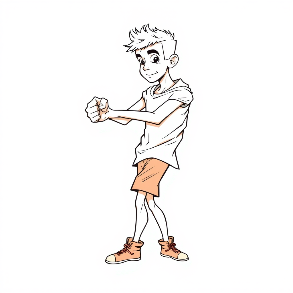 short 15 year old european skinny boy, punching cloth, tense fabric, massive bulge, side view, 2D, caricature, cartoon, Sketch lines, coloring book, coloring book style on white background, well composed, clean coloring book page, No dither, no gradient, strong outline, No fill, No solids, vector illustration,  realistic proportions