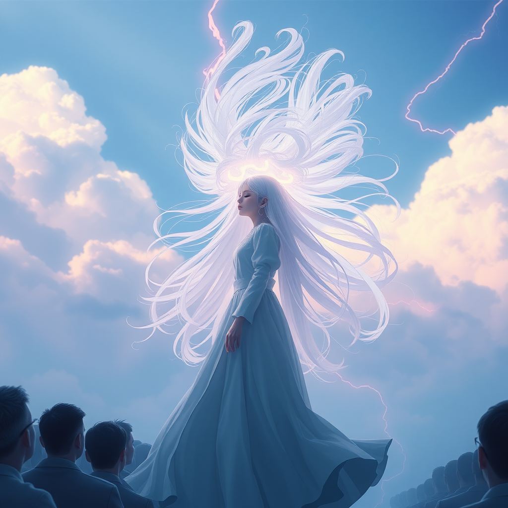 1 girl, solo, long hair, closed mouth, closed eyes, white hair, sky, clouds, white floating, floating hair, cloudy sky, audience facing, long skirt, electricity, pink lightning, Movie, Photo, Rich in Detail, Ultra High Resolution, 32K UHD, Sharp Focus, Best Quality, Masterpiece, Superb Details, Finely Balanced, With Exquisite Textures, Concept Art, mid-air, eye shadow, makeup,