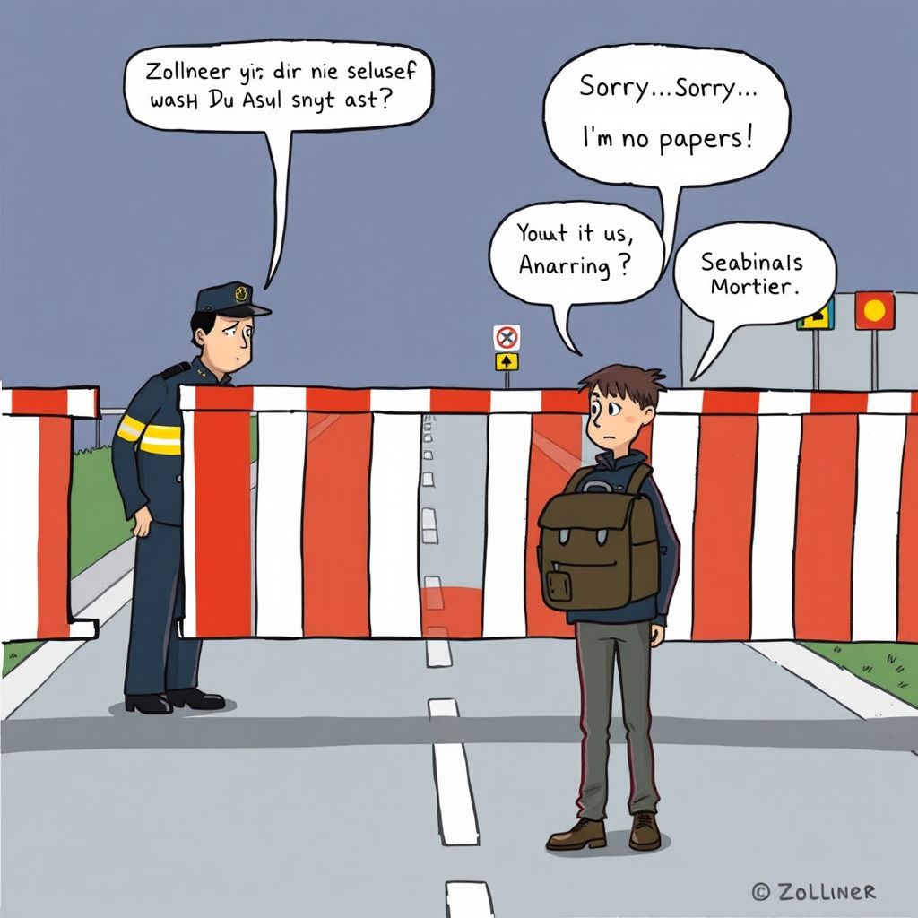 The image you're describing seems to capture a tense interaction at a border crossing. Here’s how I would break it down for the image:

Setting: The image takes place at a border crossing marked by a red-and-white striped barrier. This barrier could be in the middle of a road, with a border checkpoint building or signs indicating it's the German border.

Character 1 (Zöllner/Customs Officer):

The officer stands behind the barrier, wearing a typical customs officer uniform with a stern or neutral expression.
Above him, there's a speech bubble that reads: "Hat Dir dein Schleuser nicht gesagt, dass Du Asyl sagen musst?".
Character 2 (Young Asylum Seeker):

In front of the barrier, a young man with a backpack looks slightly disoriented or worried.
He's wearing simple travel clothes, and above him, his speech bubble says: "Sorry... Sorry... I have no papers!".