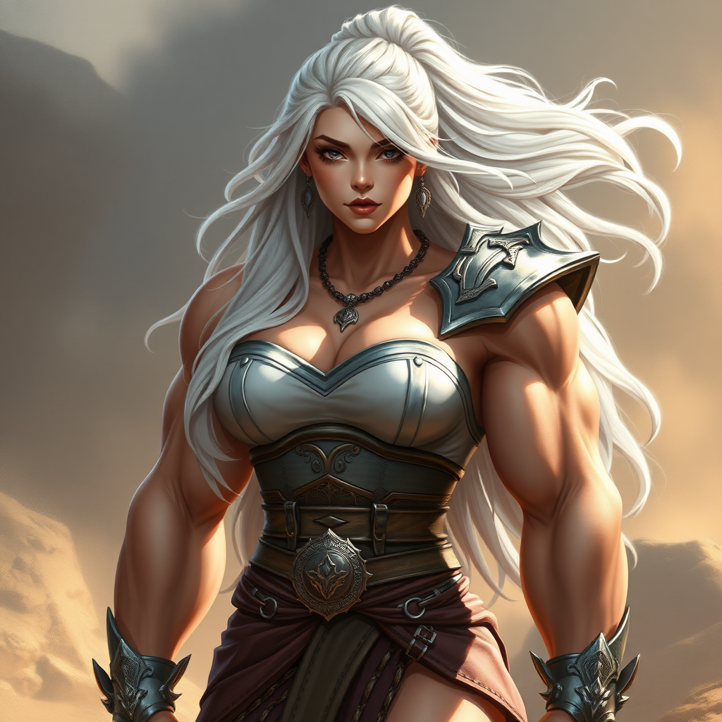 massive huge muscular jacked strong bodybuilder girl, strapless dress, warrior princess, white hair