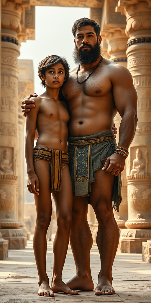 photorealistic, ultra high resolution, 16K. Ancient Babylonians. A skinny 14-years-old teen boy, long legs, bare thighs. With a giant strong muscular slightly bearded young adult man-husband. The man is close to the boy. In ancient temple. Full length view..