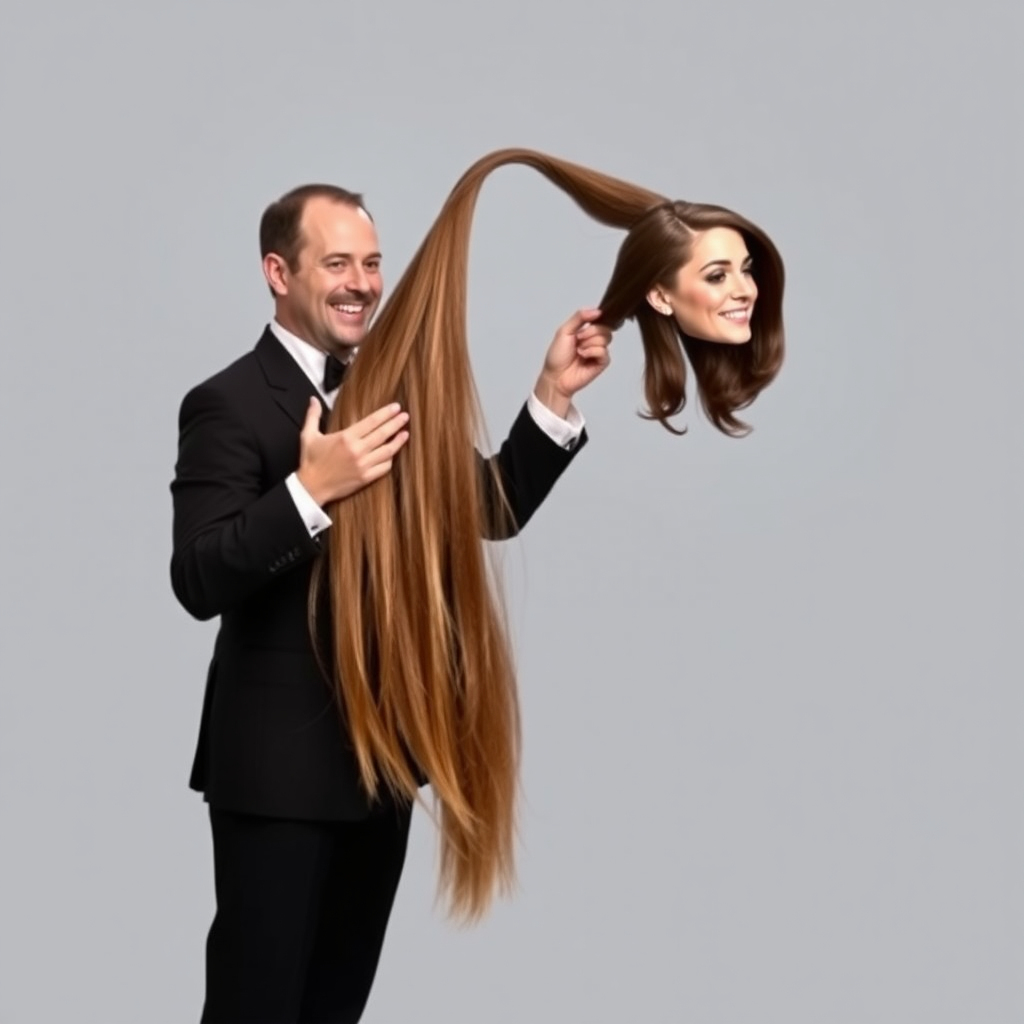 A surreal image of a smiling male magician standing to the side while holding up the disembodied head of a very long haired Kate Middleton. He is grabbing her very long hair and pulling it up high in the air, while her head is hanging by her hair from his grasp to display it to the camera. Plain gray background.