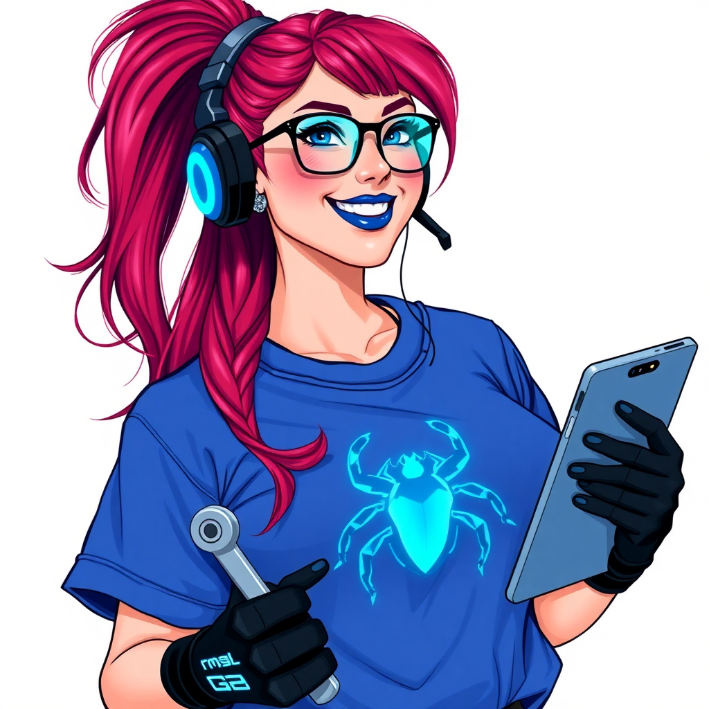 An intelligent and tech-savvy 28-year-old computer hacker and tech genius. She has a long ruby red ponytail. She wears maximum blue lipstick, blue eyes, a sapphire beetle gemstone necklace, sapphire earrings, black eyeglasses, hi-tech power gloves, and an oversized maximum blue t-shirt covering her midsection featuring a neon blue glowing beetle chest icon. She has a full-figured physique with a prominent round gargantuan midsection, reflecting her well-cared-for lifestyle. She sports a sapphire headset with a hi-tech maximum turquoise lensed HUD, and a beaming smile accentuated by a passionate neon red blush. She serves as his tech expert from his hideout, holding a futuristic tool wrench and a futuristic digital tablet. The background is solid white. She is drawn as if she was in a retro 2D cyberpunk fighting game.