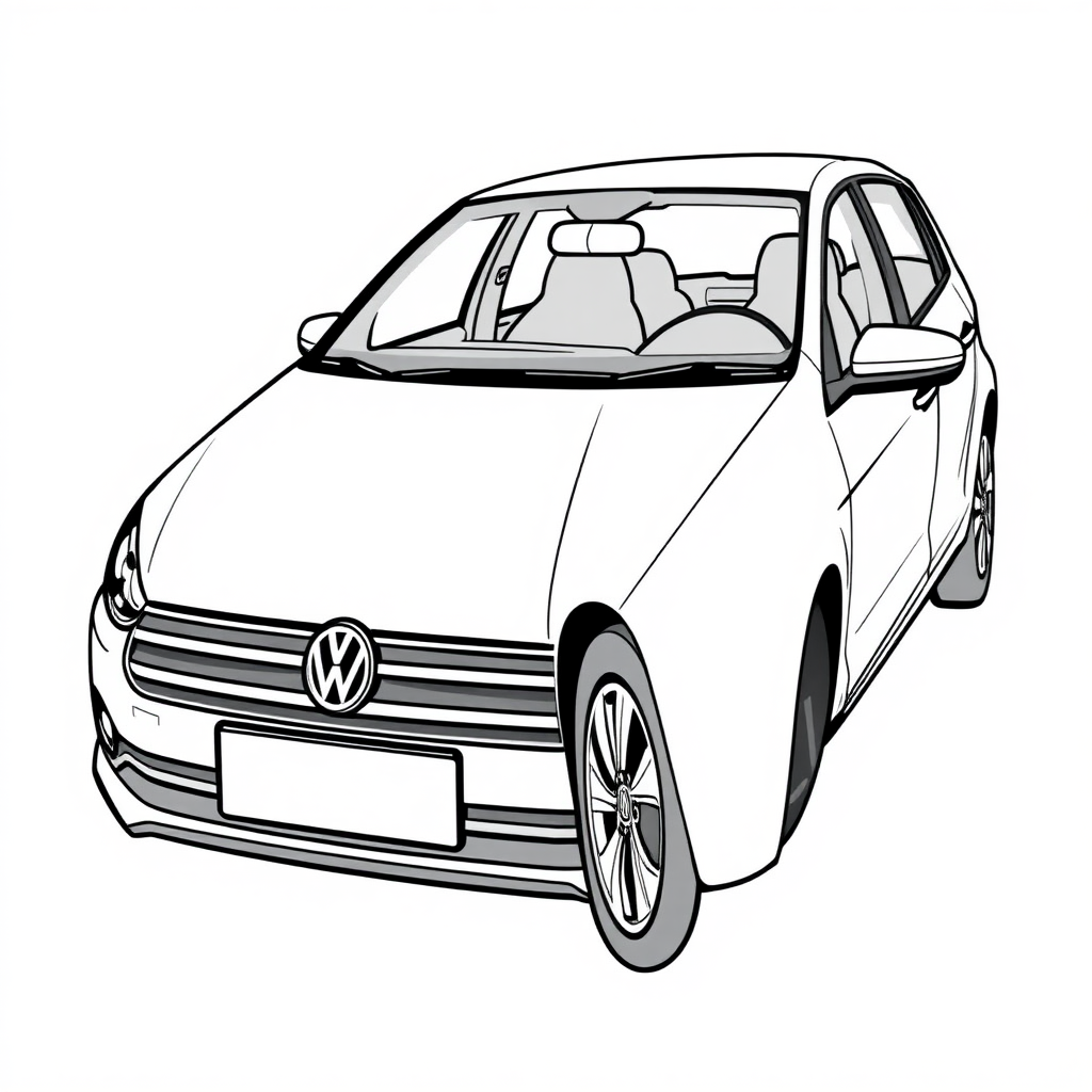 white vw polo V car, long establishing shot, 2D, caricature, cartoon, Sketch lines, coloring book, coloring book style on white background, well composed, clean coloring book page, No dither, no gradient, strong outline, No fill, No solids, vector illustration, realistic proportions, seen from the side