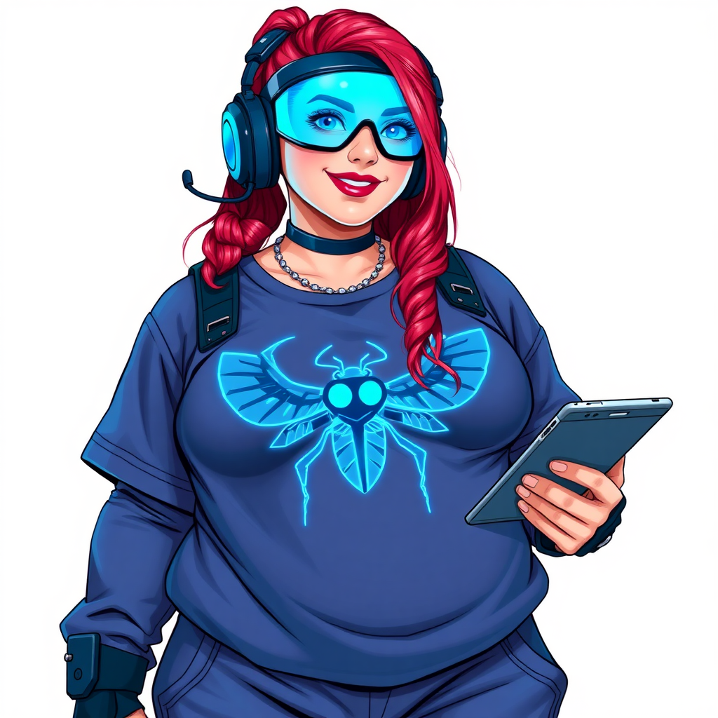 A cyberpunk vigilante’s full-figured intelligent and tech-savvy 29-year-old girlfriend, who is a computer hacker and tech genius. She has a long ruby red ponytail and bright blue eyes. She wears a sapphire beetle gemstone necklace, an armored, oversized, Maximum Blue (RGB 71, 171, 204) t-shirt featuring a giant neon blue glowing chest icon of a winged beetle, and matching Maximum Blue (RGB 71, 171, 204) sweatpants. She has a full-figured physique with a prominent, enormous, round midsection, reflecting her well-cared-for lifestyle. The midsection is heavily emphasized. She sports a sapphire headset with hi-tech Maximum Blue (RGB 71, 171, 204) lensed HUD visor, Maximum Blue (RGB 71, 171, 204) lipstick, black eyeglasses, and a beaming smile with a passionate bright red blush. Despite her figure and a lack of self-esteem, she radiates an air of beauty. She has an angular face which contributes to her radiant beauty. She serves as his tech expert from his hideout, holding a holographic tablet and a hi-tech tool wrench. The background is solid white. She is drawn as if she was in a retro 2D cyberpunk fighting game. Make sure her outfit covers her enormous midsection.