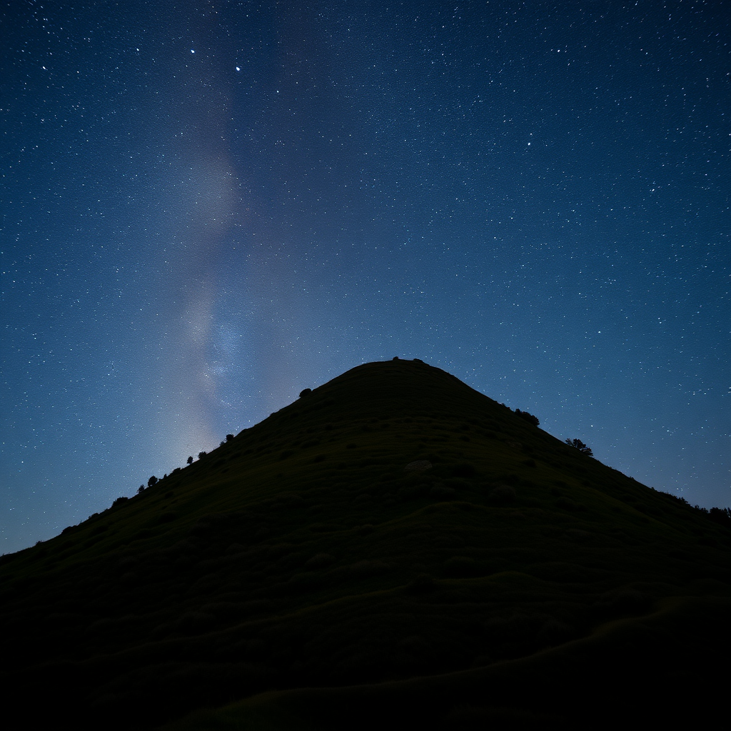 Hilly area of Marmilla, conical hill with vegetation, with a dark sky filled with many stars, and the Milky Way.