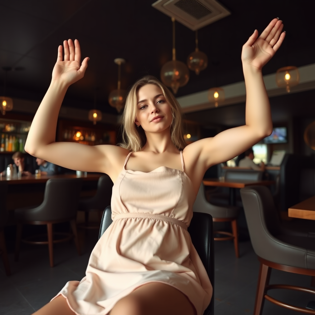 a nordic girl in a short dress sitting in a lounge bar, raising her arms to show armpits, camera angle from below