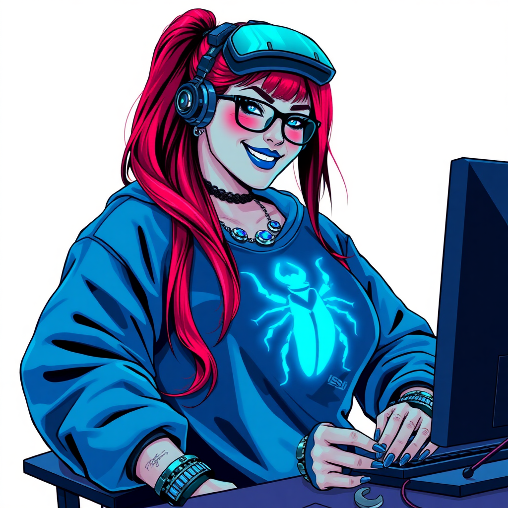 A cyberpunk vigilante’s full-figured intelligent and tech-savvy 29-year-old girlfriend, who is a computer hacker and tech genius. She has a long ruby red ponytail streaked with sky blue. She wears maximum blue lipstick, blue eyes, a sapphire beetle gemstone necklace, sapphire earrings, black eyeglasses, futuristic holographic computer bracelets, and an oversized maximum blue sweatshirt featuring a neon blue glowing beetle chest icon. She has a full-figured physique, reflecting her well-cared-for lifestyle. She sports a sapphire headset with a hi-tech maximum turquoise lensed HUD, and a blissful smile with a neon red blush. She serves as his tech expert from his hideout, diligently working at her lab table and computer desk. She holds a futuristic wrench. The background is solid white. She is drawn as if she was in a retro 2D cyberpunk fighting game.