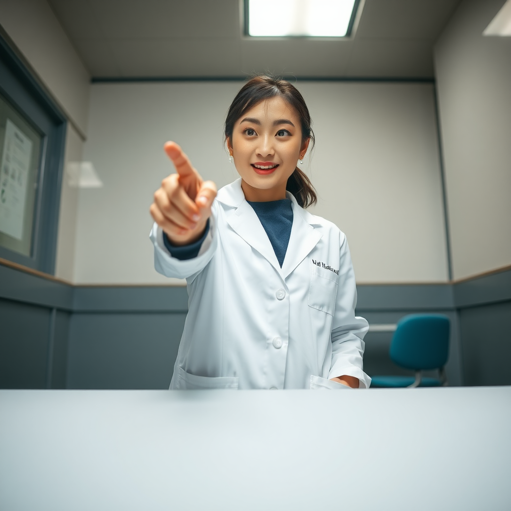 photo low angle Korean woman wearing lab coat standing and pointing her finger toward the camera which is on a table in front of her. she has a surprised look on her face