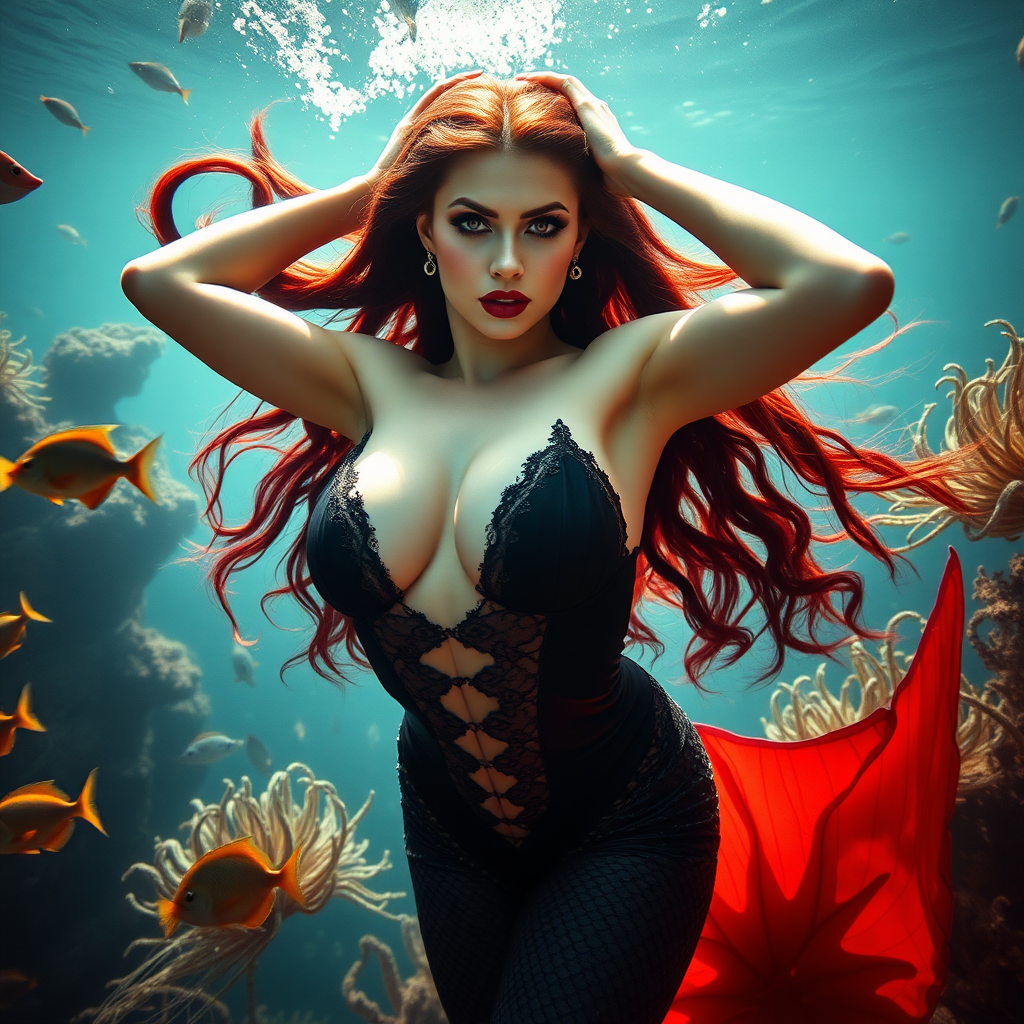 Vampirella as a fit and trim mermaid underwater amazing loose flowing hair floating in a nimbus around her beautiful face her arms outstretched languidly over her head. she's looking down into the viewer's eyes making intense eye contact. modesty protected by fish. Burlesque. Stunning undersea life details plants and fish and other creatures of the sea. Amazing HD DSLR photographic output.