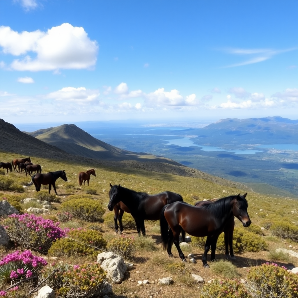 Long high plateau with its dark wild ponies, Mediterranean vegetation with rockrose, myrtle, oaks, junipers, with little lakes and large rocks and blue sky with white clouds.