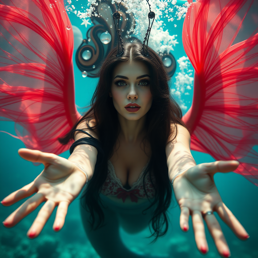 Vampirella as a mermaid underwater, hair floating in a nimbus around her beautiful face, her arms outstretched towards the viewer, and she's looking down into the viewer's eyes, making intense eye contact. Diaphanous. Real DSLR HD Photography.