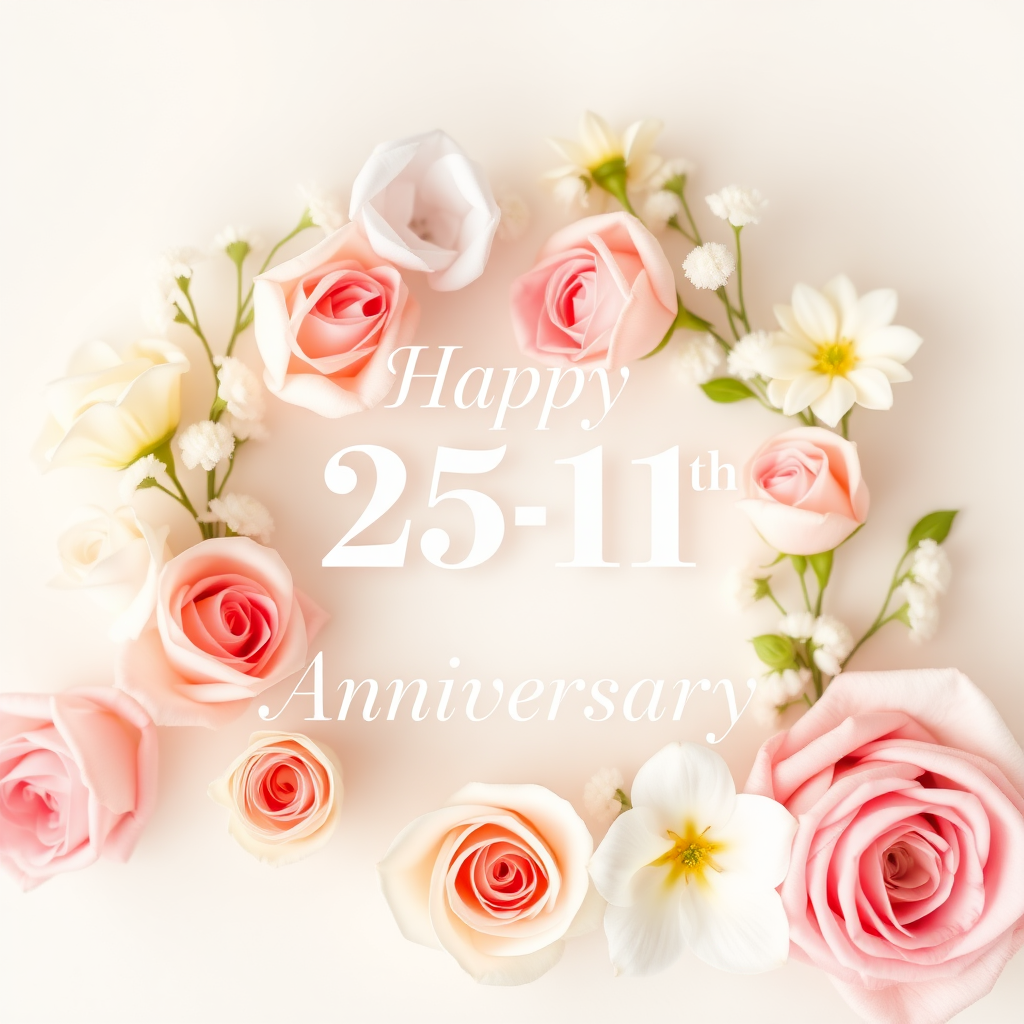 Create a soft, elegant image for a 24th wedding anniversary with a subtle 25-1 motif, blending celebration and love. Include delicate flowers, such as roses or lilies, arranged around a message that reads: "Happy 25-1th Wedding Anniversary". Incorporate soft pastel colors like pinks, creams, and whites. The overall vibe should be warm, romantic, and joyous, capturing the essence of love and commitment over the years. the text needs to be exact. do not omit the word "Wedding".