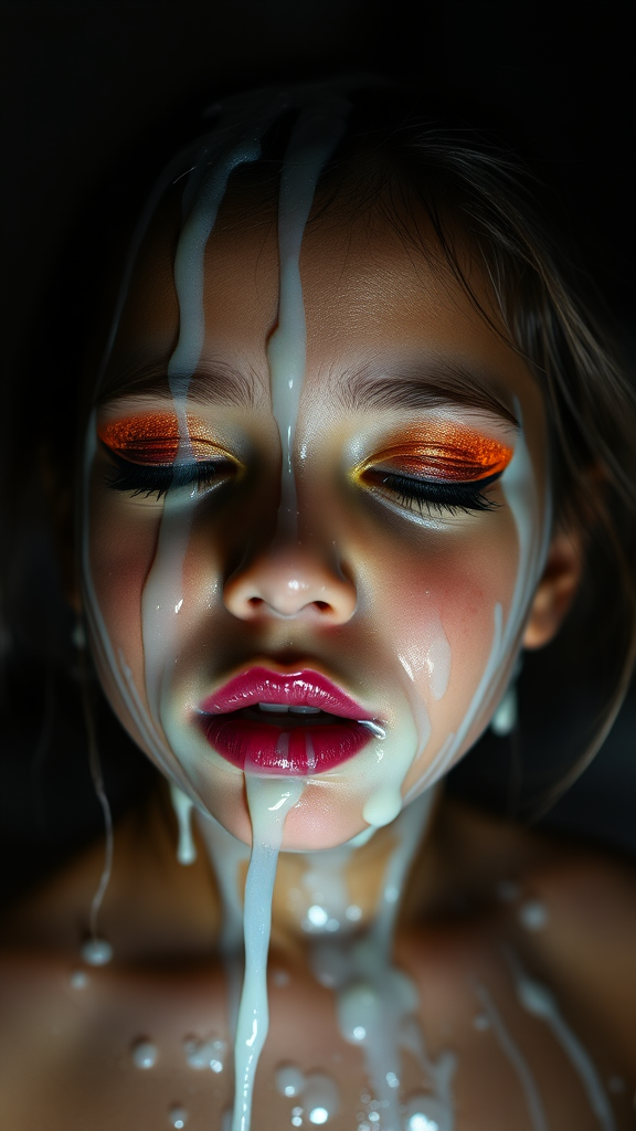 four-year-old-latina-female-child.  
She is wearing intense-orange-glitter-eyeshadow, thick-winged-eyeliner with very-dramatic-eyeliner-wings, and dark-burgundy-glossy-lipstick.  
Her face is covered with very thick random-angle streams of goopy, stringy, glistening, clear liquid with a white hue.  
Her lips are coated with the goopy liquid.  
She has her eyes closed.  
She appears to have received a facial.  
A stream of the liquid is flying horizontally towards her mouth.  
They dumped so much liquid on her face.  
Full-body-image, dark motel room at night, amateur flash photography, up-angle-shot, profile view.