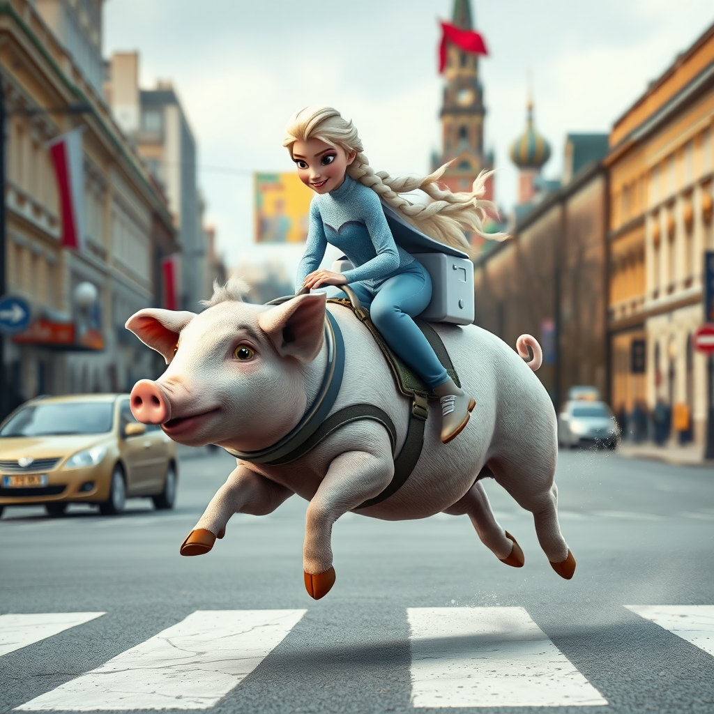 Elsa (Frozen) is riding a pig in an astronaut suit; the pig is running across the street of a Russian city.