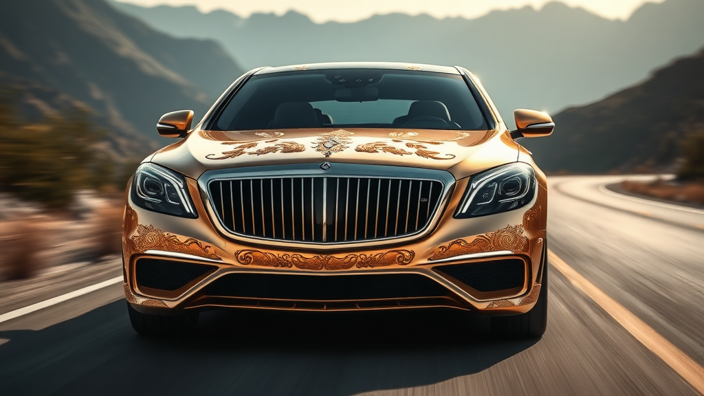 futuristic maybach s680 sedan ,A luxurious, gold-plated car adorned with intricate, ornate designs and carvings. The vehicle features prominent headlights and a distinctive front grille, showcasing a fusion of elegance and extravagance. Set against a backdrop of mountains road motion blur