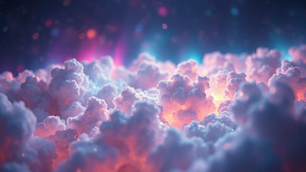 mandelbulb clouds, microscopy, Low Key Lighting, dreamscape, nebula, Bokeh, abstract, brilliant colors, glittering, translucent, iridescent, glowing, artistic photo, panoramic, airy, original, experimental, interdimensional, generative art, fractal, calm