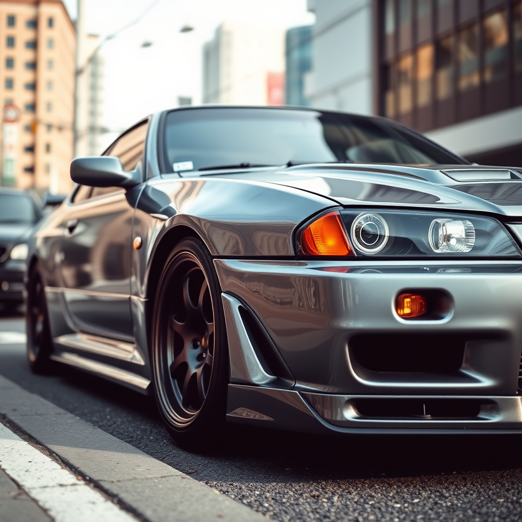 The car is parked on the side of the road, inspired by Taiyō Matsumoto, tumblr, restomod, nd4, c4 metallic shine gray black nissan skyline r34 tokyo arkaplan hatasız tam eksiksiz ayrıntılı genel gerçek detaylar en iyi fotoğraf poz sinematik hafif yağış su damlalar yansıma ıslak yol need for speed tarzı body kit