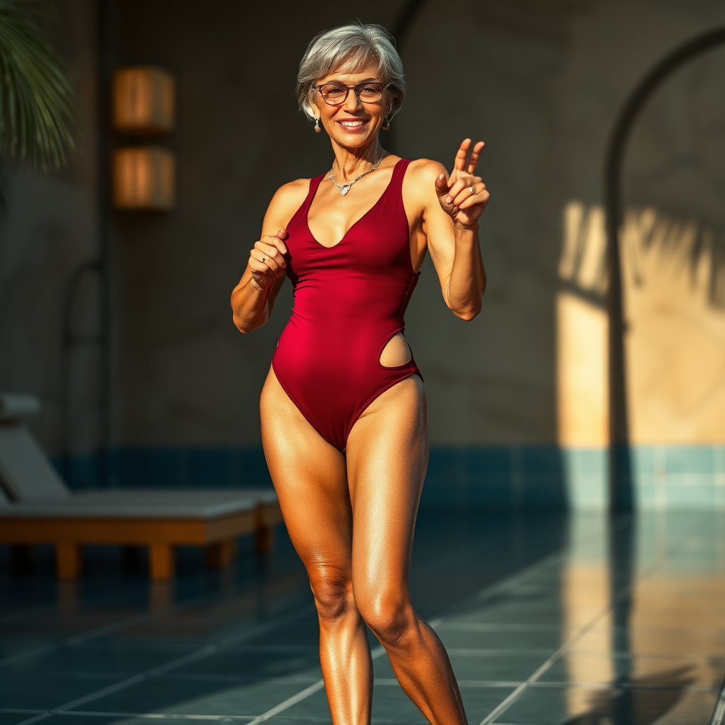 a towering 55 Years old, fit, slim, European, Latina, sharp aquiline nose, wrinkles, high cheekbones, Middle Eastern, Skinny, Tanned skin, Dark light skin, Rounded Medium breasts, Skinny thighs, full Makeup, jewelry, Serious face, Sharp nose, smiling, Ash hair, short bowl haircut, Brown eye color, Glasses, with detailed features. she is wearing a tight burgundy high cut cut out wet swimsuit, detailed fabric.  full body, high heels sandals, she is finger gesturing at the viewer to approach closer, sweating, 
long establishing shot,