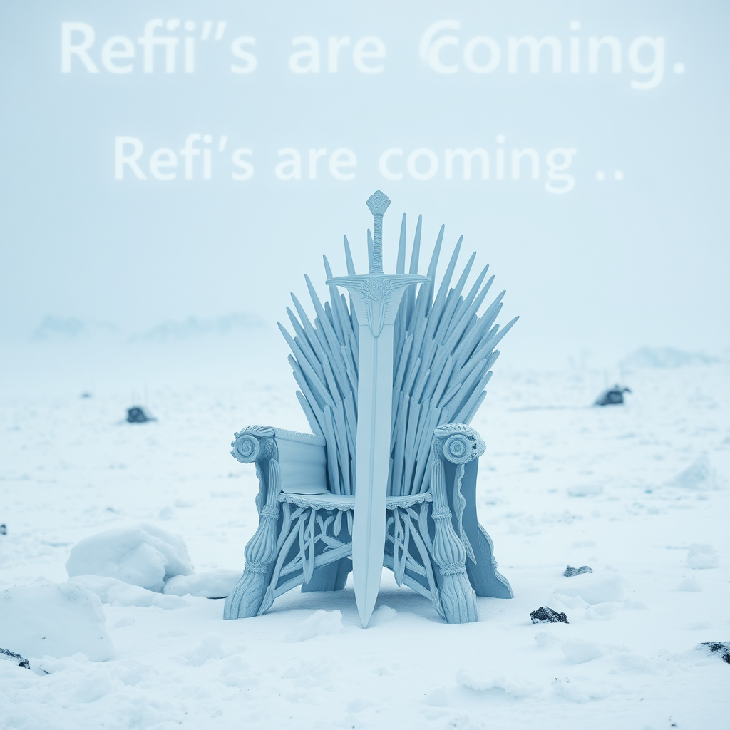 An epic movie scene in Antarctica depicting the Game of Thrones sword chair made out of white paper. The text in the background says “Refi’s are coming.” It should be similar in style to “winter is coming” vibes as shown in the movie. Blizzard storm..