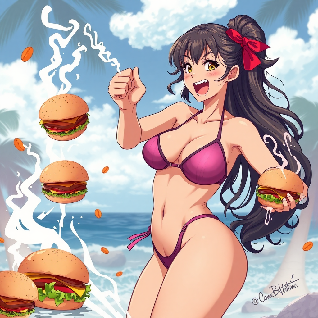 A curvy girl in bikini fight with small burgers, anime mood