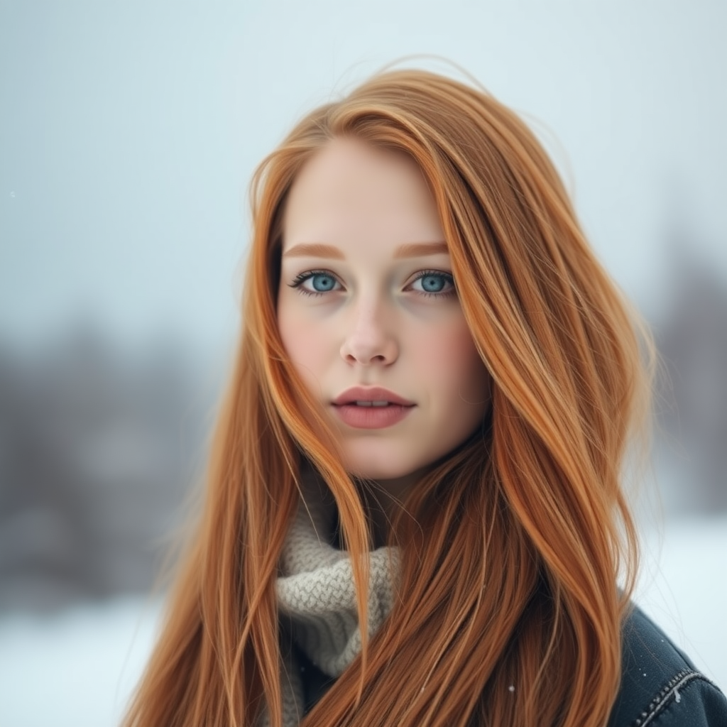 beautiful young woman with lush ginger long hair, full lips, pale skin, on Alaska during winter