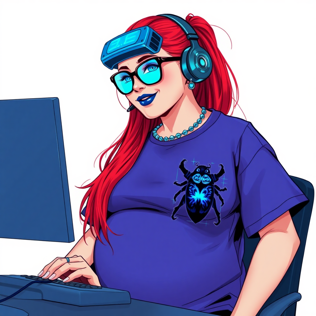 A cyberpunk vigilante’s full-figured intelligent and tech-savvy 28-year-old girlfriend, who is a computer hacker and tech genius. She has a long ruby red ponytail. She wears maximum blue lipstick, bright blue eyes, a sapphire beetle gemstone necklace, sapphire earrings, black eyeglasses, and an oversized maximum blue t-shirt featuring a blue sapphire gemstone crusted beetle chest icon. She has a full-figured physique with a prominent, massive, round belly, reflecting her well-cared-for lifestyle. She sports a sapphire headset with a hi-tech maximum turquoise lensed HUD, and a shy smile with a neon red blush. She serves as his tech expert from his hideout, diligently working at her lab table computer desk. The background is solid white. She is drawn as if she was in a retro 2D cyberpunk fighting game. Ensure her t-shirt covers her belly.