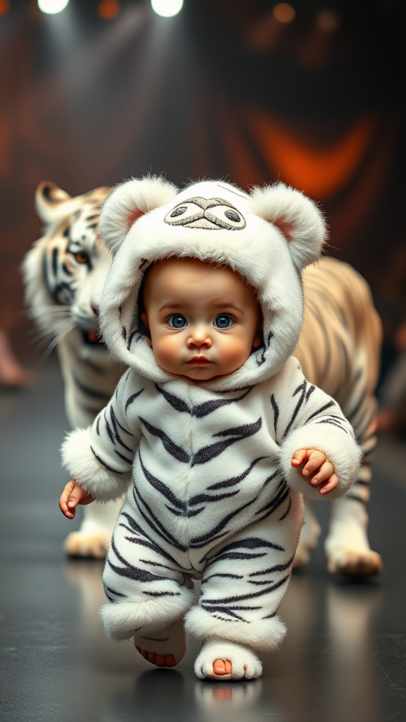 A cute small chubby fair baby with big eyes, pink lips, and pink cheeks, wearing a furry cozy white tiger costume, doing a ramp walk in a fashion show while walking with a real white tiger in a cinematic setting.