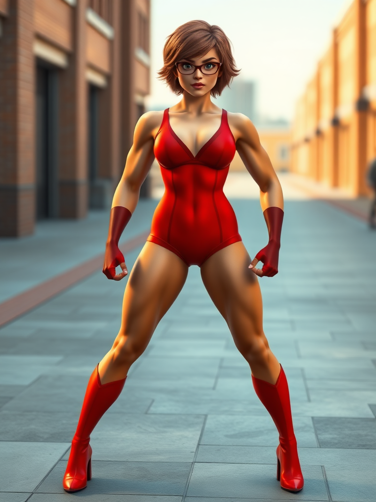 Generate a full-length hyper-realistic render of Velma Dinkley, using a male body type that resembles a chiseled superhero. The character should feature defined muscles and a V-shaped torso while keeping the original head intact. Modify the silhouette to reflect this transformation. Set the background in an appropriate environment that complements the character, enhancing the overall composition. Aim for vibrant colors and high detail, capturing the essence of Velma while showcasing the alterations in physique.