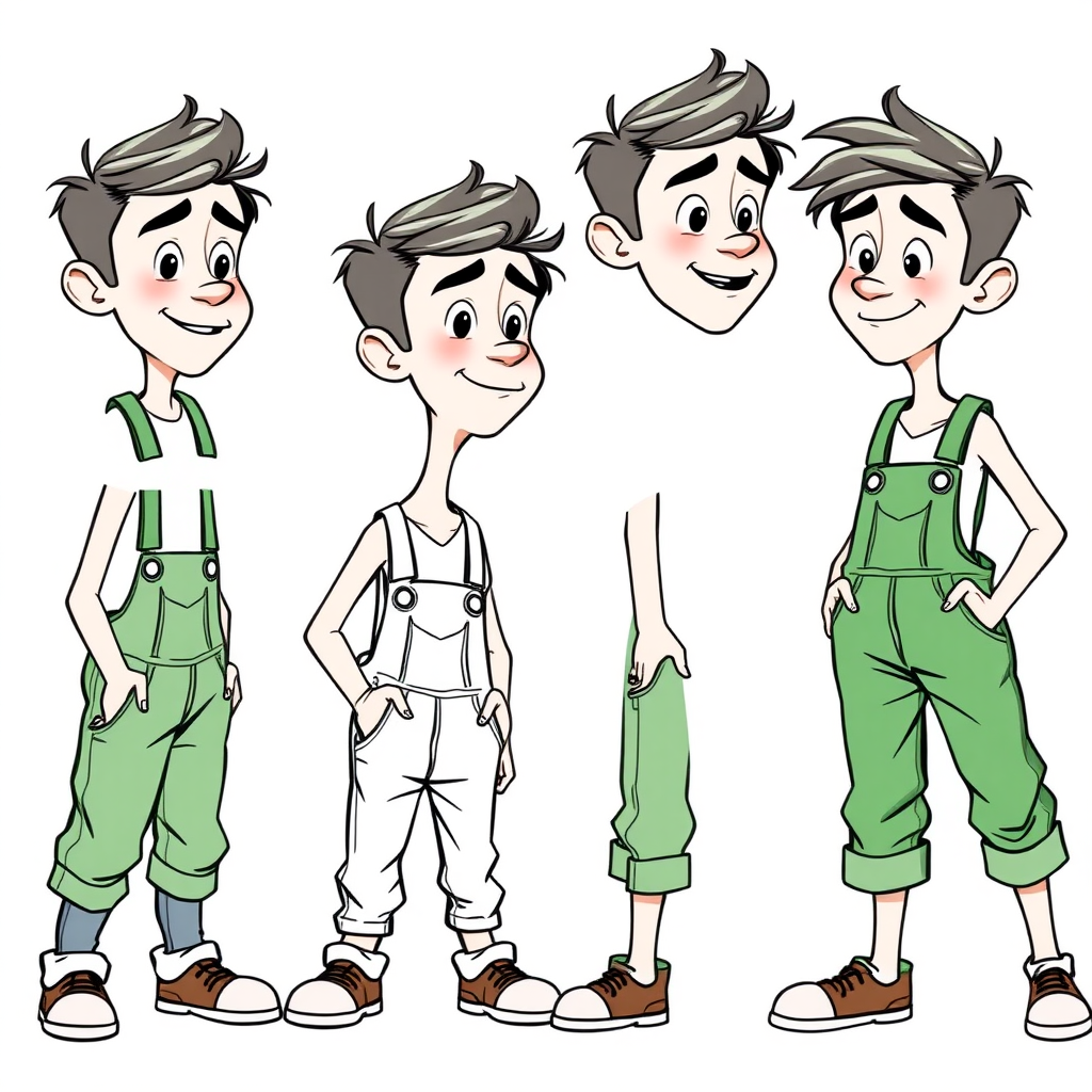 multiple views with progression, character design sheet, blushing shy nervous small 20 year old european skinny man wearing green work overalls is trying to hide his excitement, long establishing shot, 2D, caricature, cartoon, Sketch lines, coloring book, black and white, coloring book style on white background, well composed, clean coloring book page, No dither, no gradient, strong outline, No fill, No solids, vector illustration, side view, vector illustration, empty space around each view