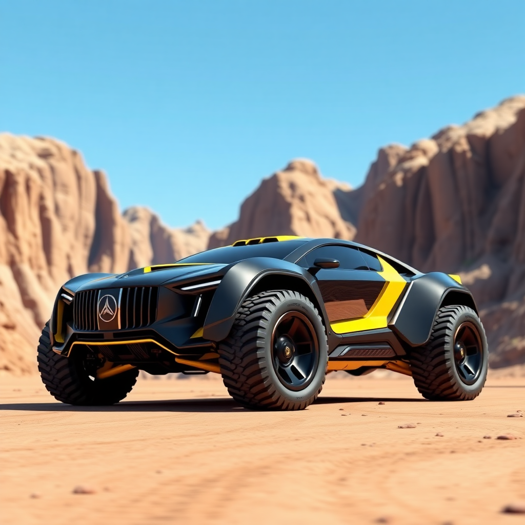 A 3D render of a futuristic Maybach supercar with off-road tires. The car is inspired by the Megazord and has a black and yellow color scheme. The car is driving through a canyon with steep cliffs. The background is clear blue sky.