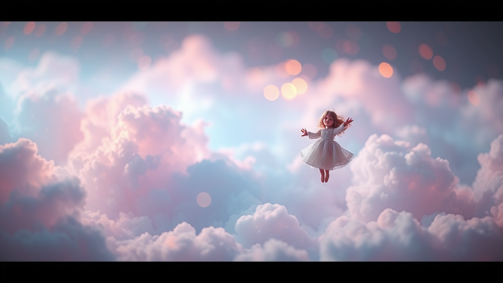 mandelbulb clouds, Low Key Lighting, dreamscape, nebula, Bokeh, abstract, brilliant colors, glittering, translucent, iridescent, glowing, artistic photo, panoramic, airy, original, experimental, fractal, generative art, calm, preteen porcelain doll floating, cinematic shot