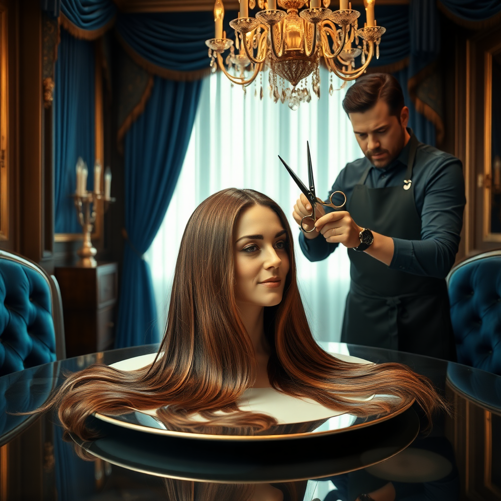 In a bizarre, surreal tableau, the polished surface of an elegant dining plate cradles the disembodied head of a strikingly beautiful Kate Middleton, her long, flowing hair cascading like a glossy waterfall of deep chestnut and honey highlights. The hair is luxuriously arranged, strands shimmering under the soft, ambient light that bathes the scene in an ethereal glow. Surrounding her head is an opulent, lavishly decorated dining room, rich with plush, velvet drapes in royal blue and golden accents that invoke a sense of grandeur.

A skilled hairdresser, clad in a sleek black apron, stands poised with a pair of gleaming scissors, carefully trimming the endlessly luxurious locks that frame Kate's serene, almost ethereal features. The air is thick with the scent of salon products mingling with delicate hints of floral fragrances, creating an unusual yet strangely inviting atmosphere. The hairdresser's focused expression reveals a meticulous dedication as snippets of hair fall gracefully onto the pristine plate, echoing a sense of both artistry and absurdity.

In the background, an ornate chandelier glimmers overhead, casting intricate shadow patterns on the richly textured walls, enhancing the surreal elegance of the scene. The overall emotional tone conveys a dreamlike quality, inviting viewers to ponder the juxtaposition of beauty, identity, and the bizarre circumstances that bind them in this extraordinary moment.