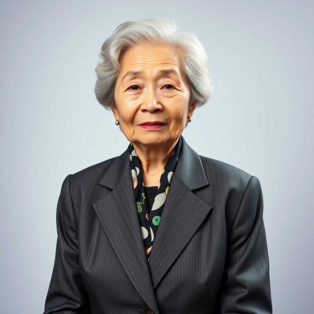 80 age old korean woman, front, woman suit, photo studio background,