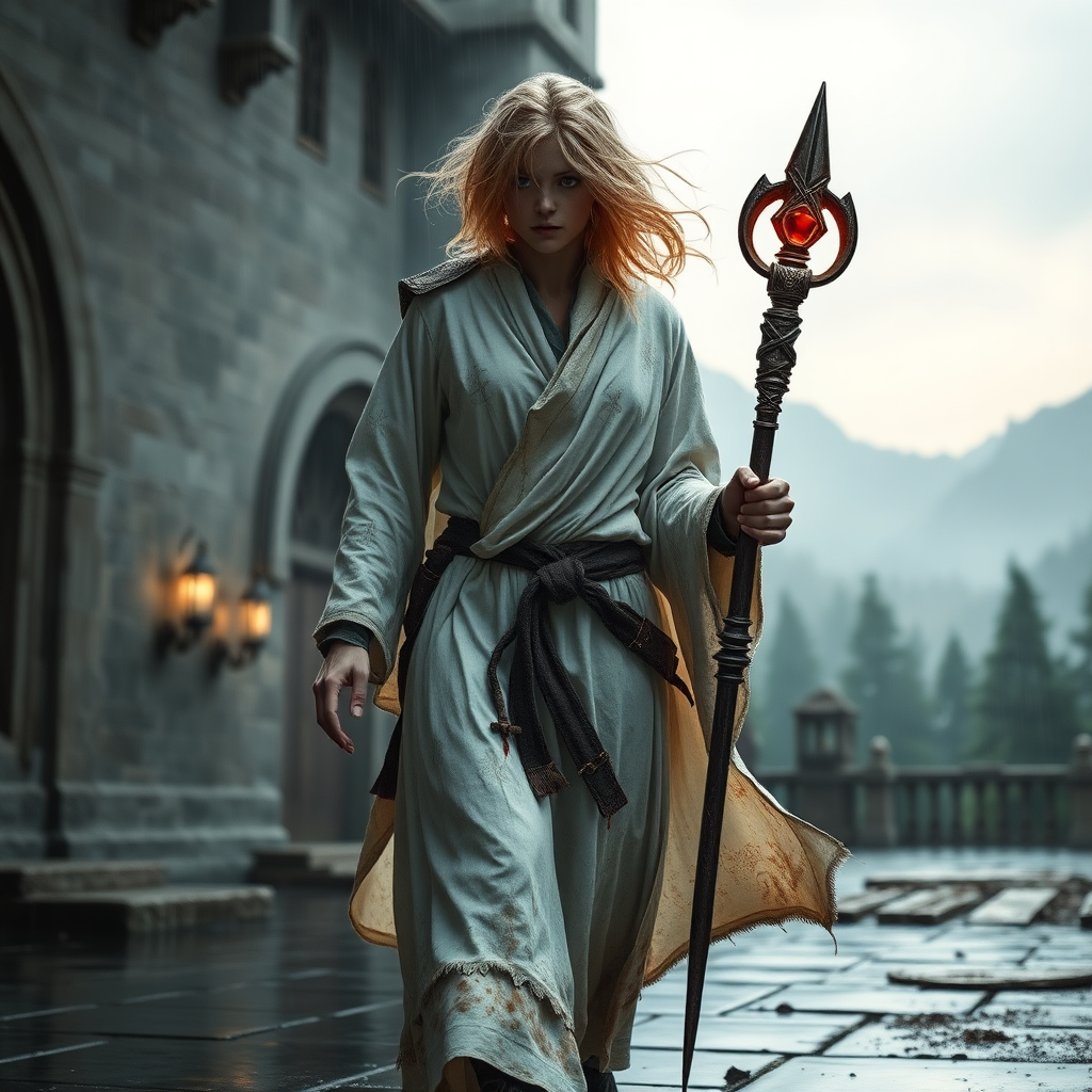 A full body shot of a pretty twenty-something female orc wizard with a face resembling (ana de armas), walking towards camera unsteadily. strawberry blonde messy shoulder length hair tussled by wind. white robes covered in runes, magic aura swirling around her visibly, magic staff with a gem. it is dawn. she is bleeding, and covered in soot and dirt. inside a castle courtyard. forest and mountains, rain.  Hyper-realistic, Photorealistic digital matte painting, soft focus, film grain, lens flare. gritty, dirty, scuffed.