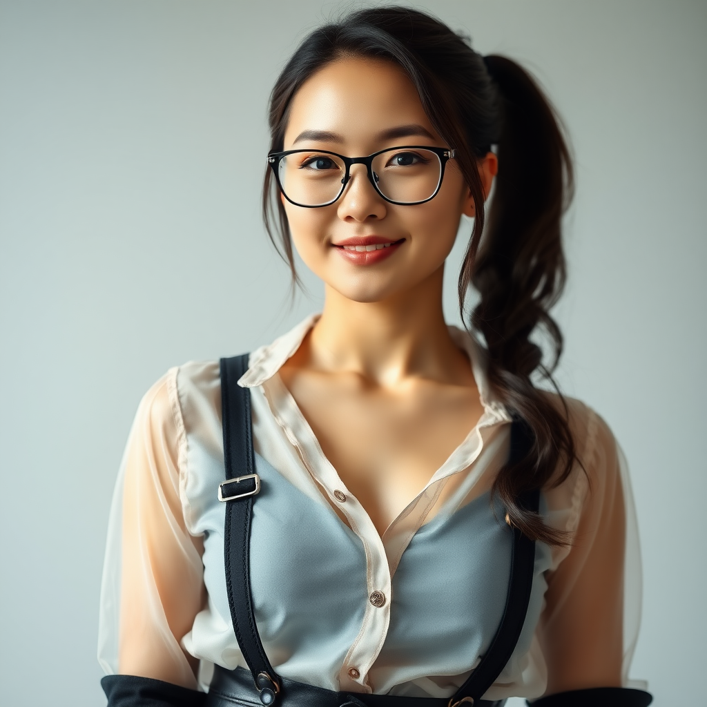 Help me produce a photo: a front-standing, Chinese female teacher, beautiful, with grace and charm, voluptuous and sexy, wearing glasses, in a transparent outfit, with black stockings and suspenders, around the age of twenty to thirty.